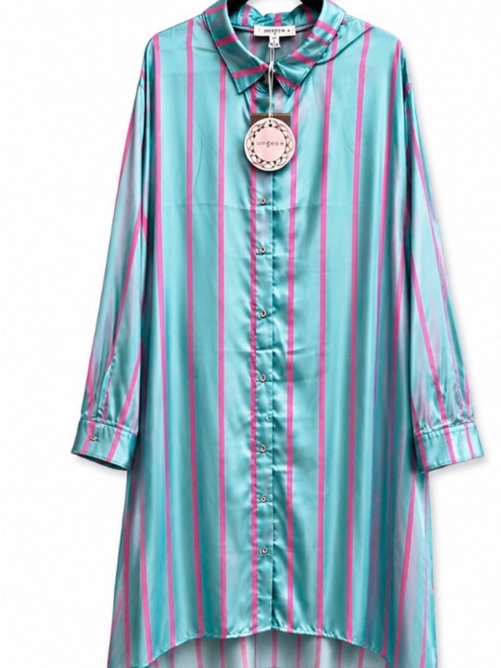 Umgee+ Aqua & Fuchsia Striped Satin Shirt Dress XL NWT